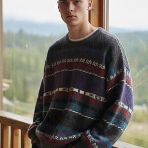 Idea uomo Vintage Medium Men's Crew Neck Sweater with Multi-Color Pattern Knit